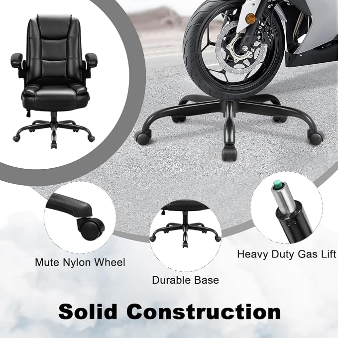 OFIKA Leather Office Desk Chair,Ergonomic Office Chair with Lumbar Support,Computer Chair,Executive Leather Chair with Padded Flip-up Arm,Adjustable Armrests, Gray,275LBS