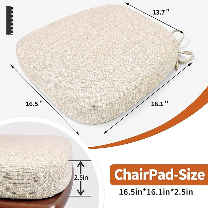 SINOSSO Thickened 2.5" Dining Chair Cushions, Soft Blended High Density Support Foam Kitchen Seat Cushions with Ties, U-Shaped Non-Slip Indoor Chair Pads, 16.5" x 16", 2 PCS, Beige