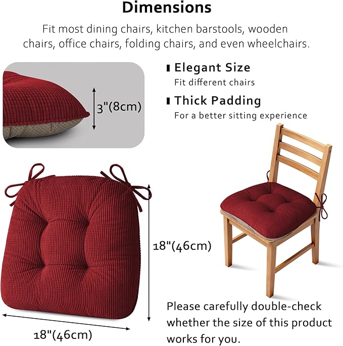 ELFJOY Dining Chair Cushions Thick Non Slip Kitchen Chair Pads with Ties Comfortable Indoor Kitchen Seat Cushions 18" x 18" x 3" (2, Red)