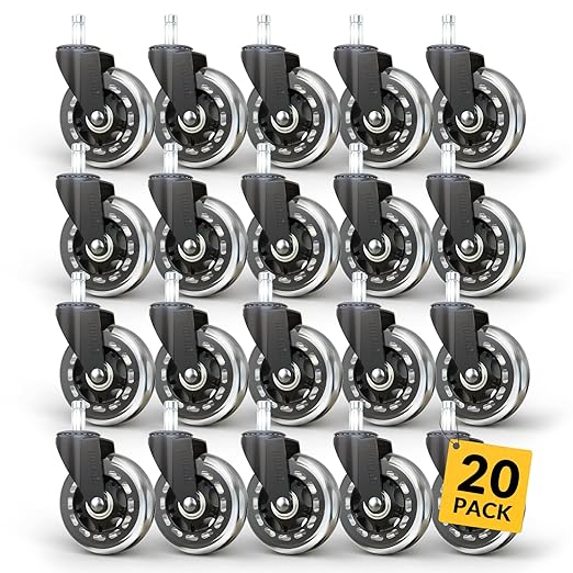 HOLKIE Office Chair Wheels - Universal Fit 3 Inch Rollerblade Casters - Safe for Hardwood Carpet Floors - Heavy Duty Rubber Replacement for Gaming Chairs - Smooth, Silent Glide - Set of 20