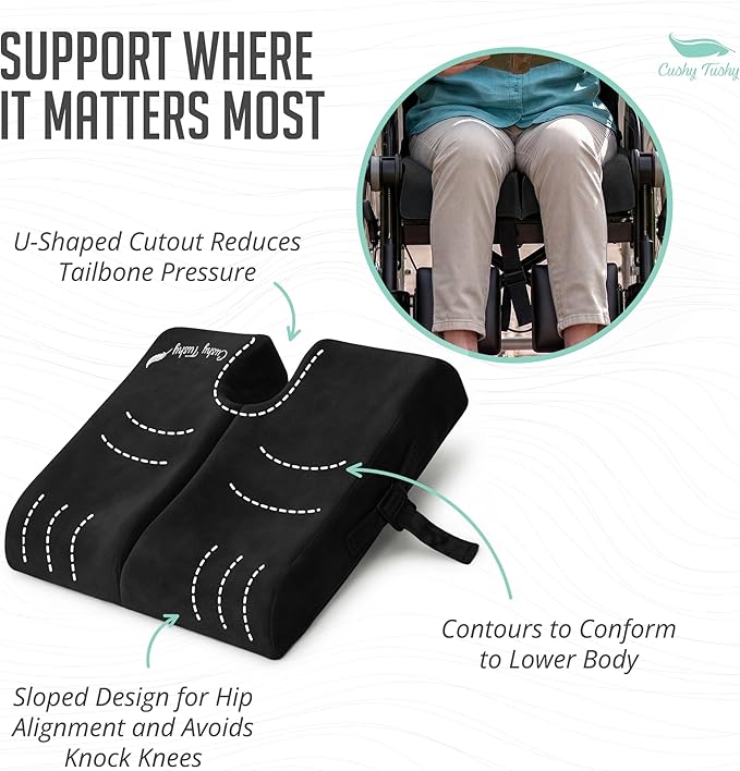Cushy Tushy Premium Foldable Wheelchair Cushion - for Relief of Lower Back, Sciatic, Butt and Tailbone Pain - for Home & Office Use, Perfect for Travel or Driving - Black Coccyx Seat Cushion