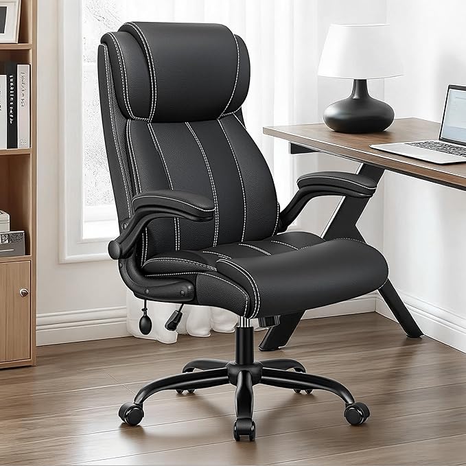 BESTFAIR Ergonomic Office Chair - Desk Computer Chair, Leather High Back Executive Chairs with Adjustable Lumbar Support & Flip Up Arms, Black 2 Pack