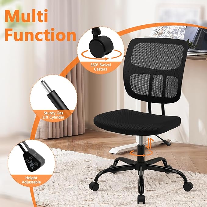 CLATINA Armless Home Office Chair, Small Ergonomic Mesh Back Desk Chair with Lumbar Support and Wheels, Adjustable Height 360° Swivel Rolling Computer Chair for Conference Waiting, Black, 6Pack