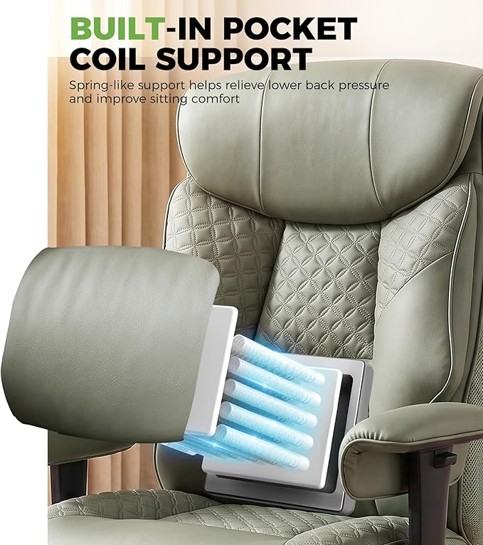 GTPLAYER Big and Tall Office Chair, High Back Computer Gaming Chair with Ergonomic Lumbar Support &Pocket Spring Cushion for Lower Back Pain Relief, Leather Executive Chair with Foot Rest, Green