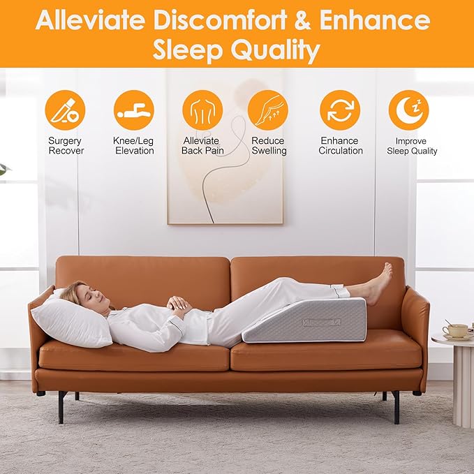 Ruqmuis Leg Elevation Pillow for After Surgery, Leg Elevating Pillow for Swelling & Blood Circulation, Leg Wedge Pillow for Sleeping, Knee Pillow for Knee Hip Ankle Pain Relief, 23.6×16.8×8Inch White