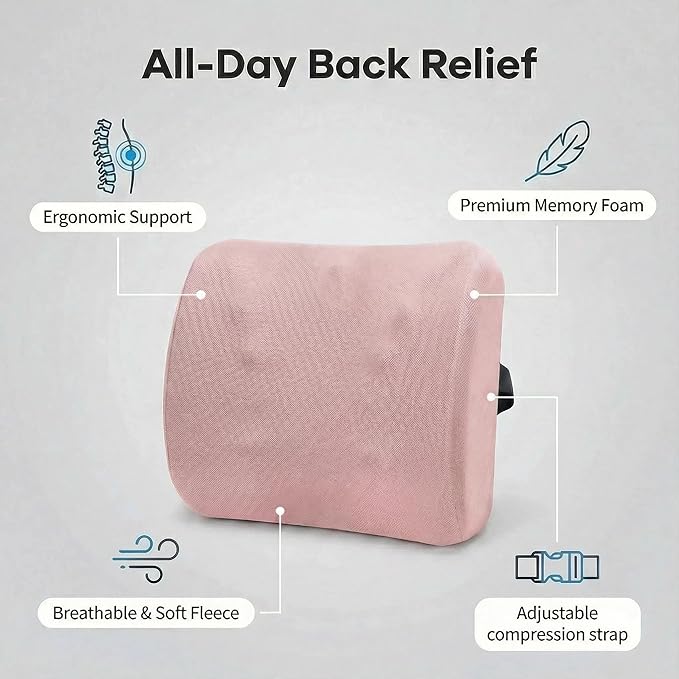 Poshetion Lumbar Support Pillow for Office Chair & Car – Memory Foam Back Cushion with Adjustable Straps & Breathable Mesh Cover（Pink）