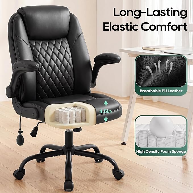 MALOL Leather Office Chair, Home Desk Chair with Adjustable Lumbar Support, Thick Cushion, Flip-Up Arms and Ergonomic Back, Comfy Executive Office Chair for Home Office, Black
