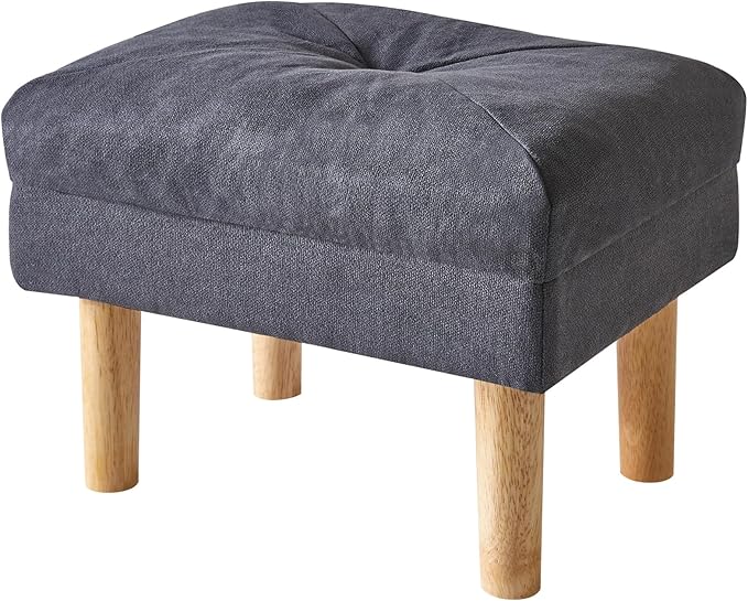 YMYNY 15.75" Small Foot Stool Ottoman, Footrest with Sponge Soft Padded Seat, Cotton-Linen Blend Fabric Footstool for Sofa, Bedroom, Living Room, Entryway, Solid Wood Legs, Dark Grey UHBD023BG