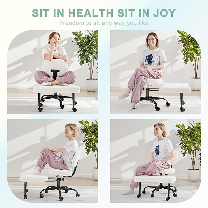 GUNJI Ergonomic Criss Cross Legged Office Chair, 360° Swivel Meditation Kneeling Chair with Wheels, ADHD Chair with Footrest, Lumbar Support, Wider Height Adjustable Seat (White, Faux Leather)