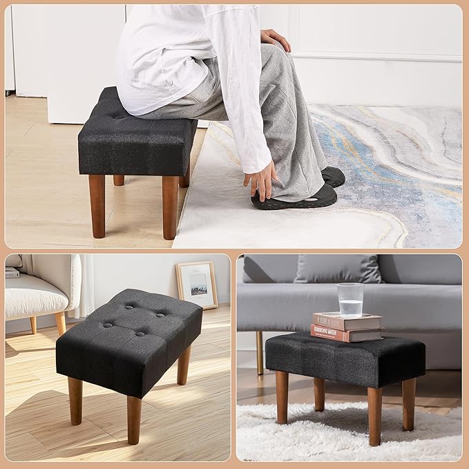 VECELO Small Foot Rest Under Desk Ottoman, Linen Foot Stool with Legs, Rectangle Footrest Leg Rest for Sofa, Relieve Stress, Better Posture, Ottoman Rest Stools for Living Room Entryway, Black
