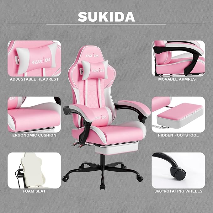 Ergonomic Video Gamer Chairs Gaming Computer Chair Gamer Chairs for Adults Massage Lumbar Support Swivel Height Adjustable Headrest Backrest