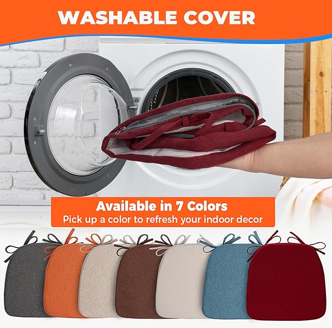 Sunsleek Chair Cushions for Dining Chairs, D-Shaped Seat Cushions with Removable Washable Cover and Ties, Chair Pads for Kitchen, Indoor Dining Room, Patio Chairs, 17'' x 16'', Set of 4, Red