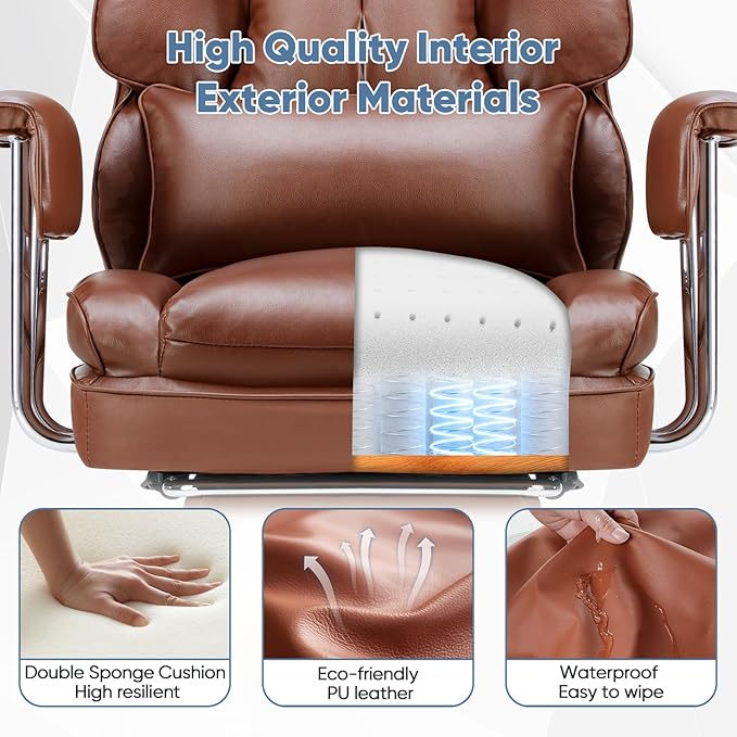 DUMOS Home Office Desk Executive Chair - Ergonomic Big Tall High Back with Footrest & Lumbar Support, Reclining Height Adjustable, Comfy PU Leather Computer Gaming with Swivel Wheels, Brown