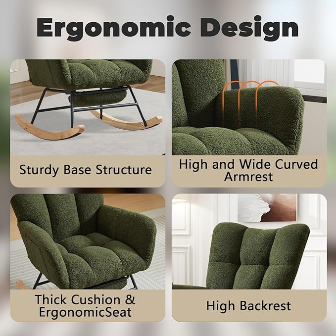 Rocking Chair Nursery with Foot Rest,Upholstered Glider Chair with High Backrest, Rocker Accent Armchair with Solid Wood Legs for Nursery Bedroom Living Room（Dark Green）