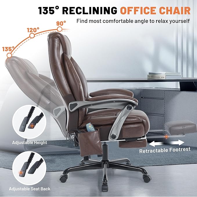 Massage Office Chair with Heat & Foot Rest, 6 Points Vibration, Ergonomic Executive Reclining Desk Chair, PU Leather Padded Seat for Home Office Comfort