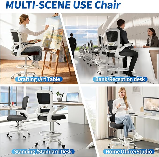 TRALT Drafting Chair - Tall Office Chair with Adjustable Footrest Ring and Lumbar Support Ergonomic Tall Desk Chair - Mesh Stangding Desk Chair with Flip-Up Armrests for Home and Work (Black White)