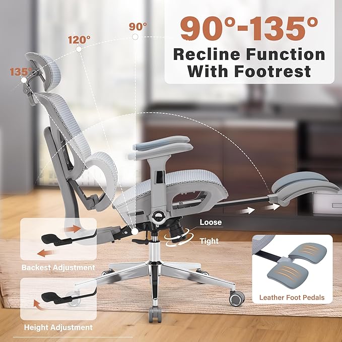 Ergonomic Office Chair with Footrest - 400lbs Heavy Duty Mesh Desk Chair, 5D Armrests, 3D Lumbar, 5 Level Backrest, Adjustable Headrest, Reclining High Back Swivel Chairs for Home Office