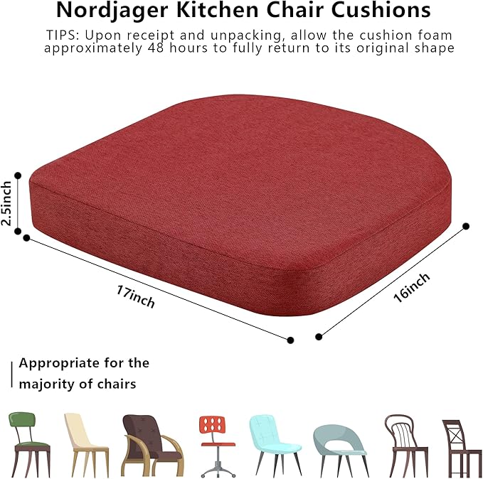 Nordjager Dining Chair Cushions Set of 6 Memory Foam Chair Cushion, Comfortable Dining Chair Pad Removable Slip Resistant Kitchen Chair Seat Cushion (6 Piece, Red)