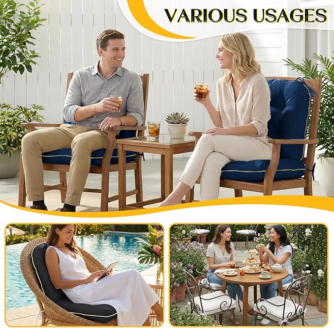 1 MIDDLE ONE Outdoor Chair Cushions Set of 2, Outdoor Cushions for Patio Furniture and Wicker Chair, Memory Foam Patio Seat Cushion Pads with Ties, 19 x 19 Inch (Black)