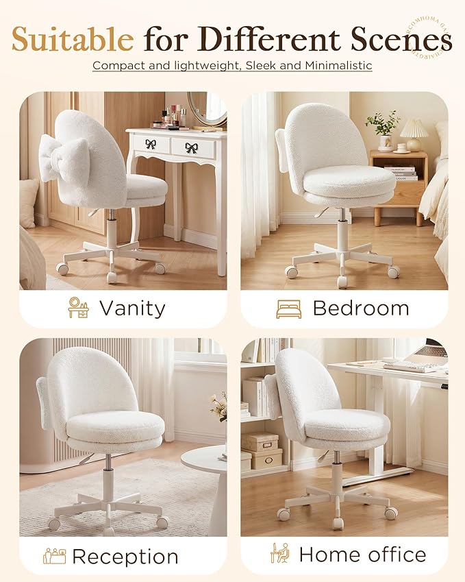 COMHOMA Vanity Chair with Wheels Velvet Tall Office Chair with Back,Armless Desk Chair Comfy Height Adjustable, Soft Lumbar Support for Girls Bedroom Home Vanity Bow Pillow for Gift,White