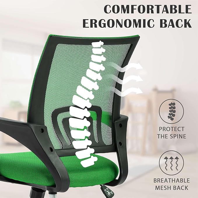 MKDLUFEI Office Chair, Ergonomic Cheap Desk Chair with Lumbar Support, Adjustable Mid Back Task Rolling Swivel for Home Office Student, Adults,Study, Green