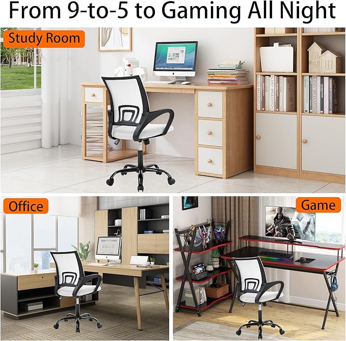 Home Office Desk Chair - Space-Saving Mesh Back with 360° Swivel & Height Adjustable (Easy Assembly), PVC Base, White