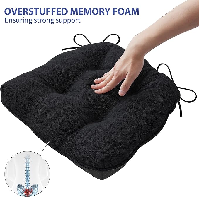 IPYNBAP Chair Cushions for Dining Chairs Set of 6, Kitchen Chair Cushions, Chair Pads with Ties and Non Slip Backing, Tufted Memory Foam Seat Cushion 6 Pack, 15.5" x 15.5" x 4", Black