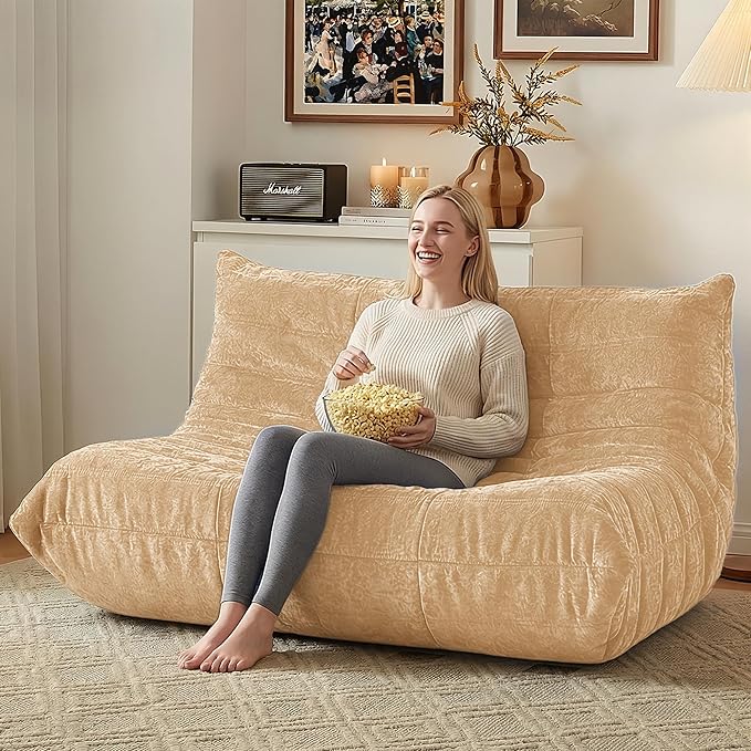 HABUTWAY Bean Bag Chair, Giant Bean Bag Chairs for Adults, Loveseat Fireside Chair, 2 Seater Lazy Bean Bag Sofa Memory Foam Couch for Living Room, Bedroom, Office (Khaki)