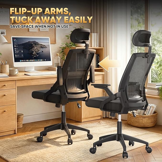 Magshion Ergonomic Office Chair with Flip-up Armrests & 3D Headrest, Swivel Mesh Desk Chair Executive Computer Chair for Home Office Study, 260 LBS Capacity, Black