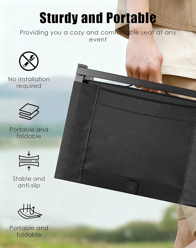 Stadium Seats for Bleachers with Back Support, Bleacher Chairs with Backs and Cushion Wide, Portable Folding Seats with Magnetic Bottom Strips, Includes Shoulder Strap - Black (2, Black)