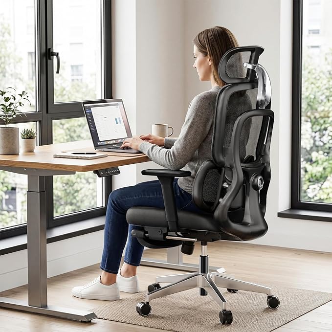 Ergonomic Office Chair with Footrest, 4D Armrests & Dynamic Lumbar Support, High Back Mesh Desk Chair with Adjustable Headrest, Reclining Computer Chair 380lbs for Long Hours (Black)
