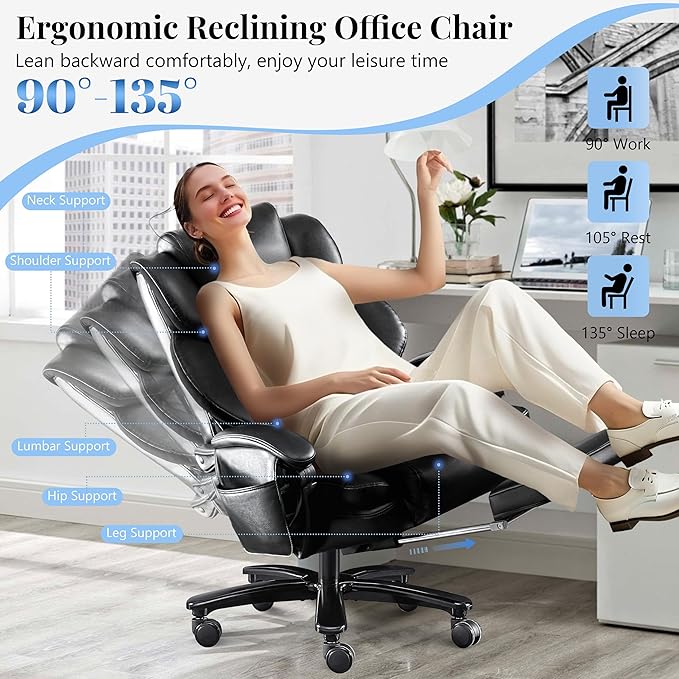 3D Kneading Massage Office Chair, Oversized 600LBS Big and Tall Executive Office Chair with Footrest, Reclining Computer Chairs, Wider Upholstered Seat Ergonomic Desk Chair for Home Office,Black