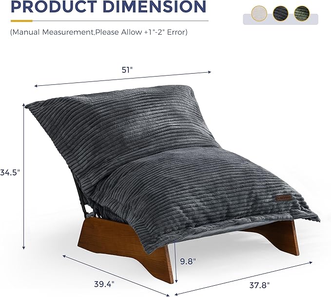 MAXYOYO Adjustable Living Room Chair, Convertible Bean Bag Chair & Recliner with Frame, Removable Cushion Floor Sofa Corded Fabric, Soft Upholstered Lounge for Bedroom, Dorm, Grey