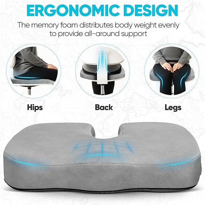 FORTEM Seat Cushion, Office Chair Cushion, Memory Foam Car Seat Cushions, Sciatica Coccyx Tailbone Pain Relief, Chair Cushions for Back Support, Sitting Pad for Gaming, Washable Cover, Non Slip, XL