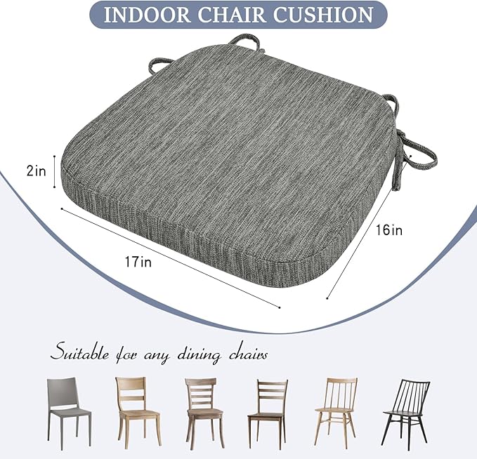 baibu Kitchen Chair Cushions, Dual-Layer Patented Design Molded Memory Foam Dining Chair Pads with Ties and Washable Cover, 17" x 16" x 2", Grey