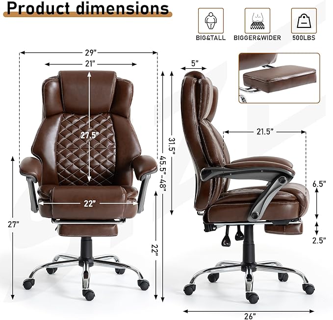 DYHOME 500 lbs Office Chair with Foot Rest, Ergonomic Reclining Big and Tall Office Desk Chair with Lumbar Support & Pocket Spring Cushion, High Back Computer Chair, PU, Thicker Seat Cushion (Brown)
