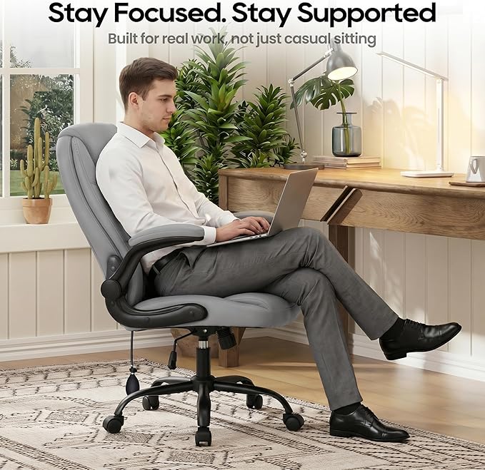 MALOL Leather Office Chair, Home Desk Chair with Adjustable Lumbar Support, Thick Cushion, Flip-Up Arms and Ergonomic Back, Comfy Executive Office Chair for Home Office, Grey