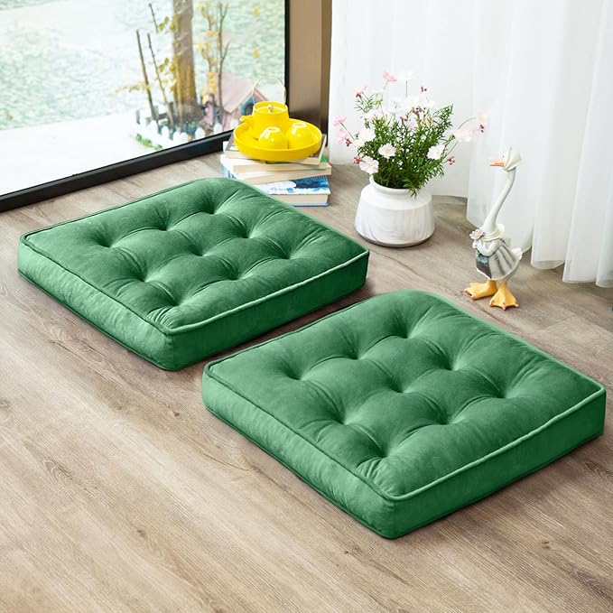 1 MIDDLE ONE Floor Pillow Set of 2, Memory Foam Meditation Cushion, Floor Cushions for Adults Sitting, Large Square Seat Cushions for Yoga, Living Room, 22x22 Inch (Green)
