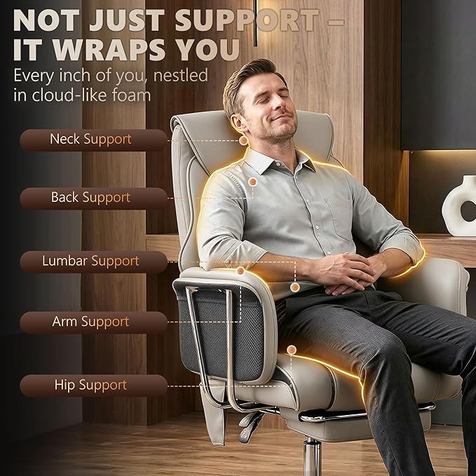 HOMCOM Massage Office Chair with 6-Point Vibration, Overstuffed Reclining Desk Chair with High Back, PU Leather, Footrest, Thick Spring Cushion, Lumbar Support, Grey