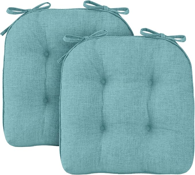 Wellsin Chair Cushions for Dining Chairs, Non-Slip Kitchen Chair Pads with Ties, Tufted Shredded Foam Kitchen Chair Cushions Set of 2, 15.5" X 15.5", Aqua Blue