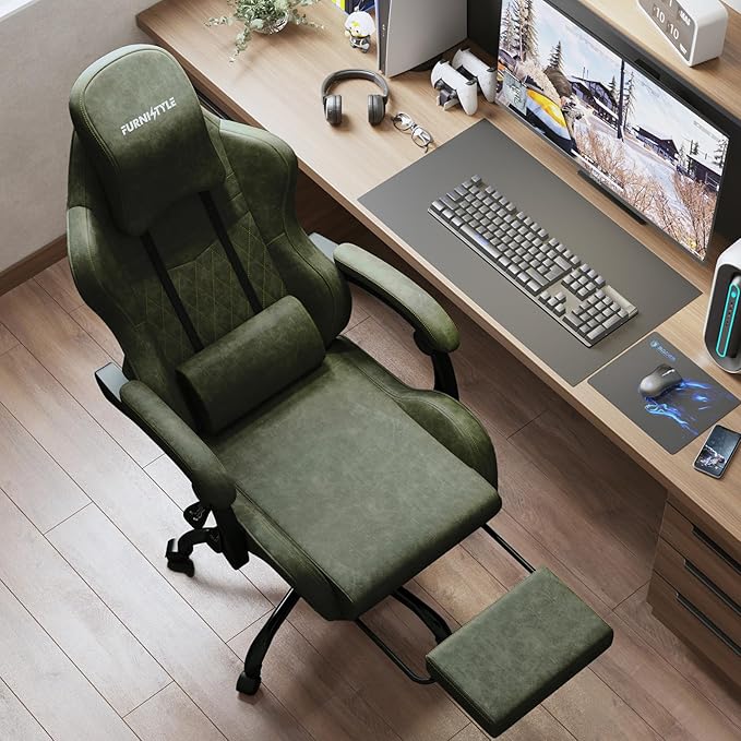 Gaming Chair Big and Tall, Green Leather Video Game Chairs with Footrest, Padded Linkage Armrests & Large Headrest, Ergonomic Computer Chair 350lbs for Adults Gaming or Office Use