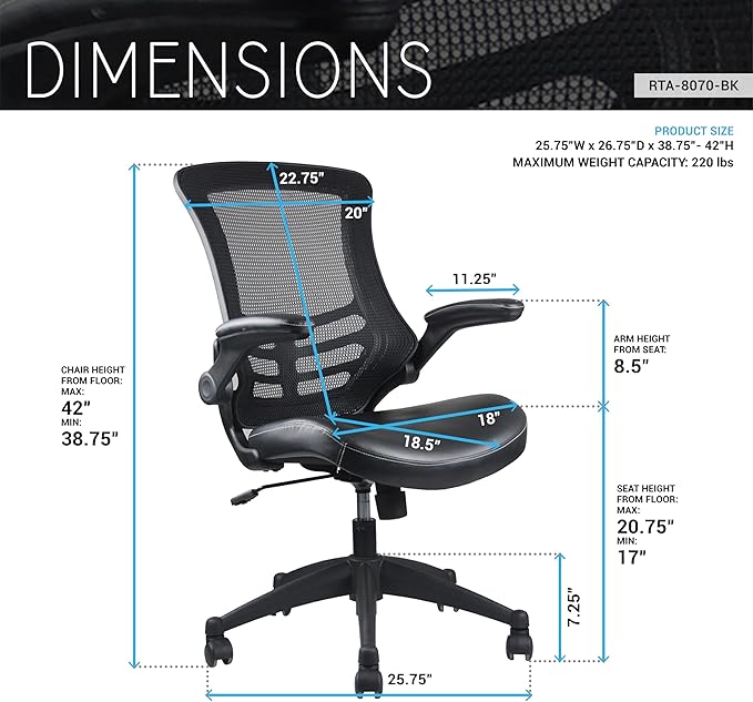 Stylish Mid-Back Mesh Office Chair With Adjustable Arms. Color: Black