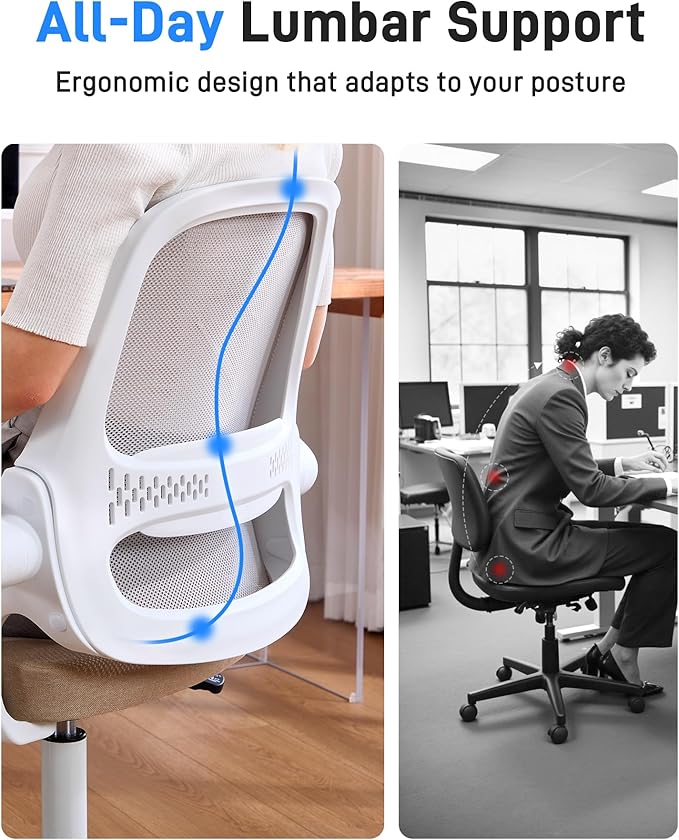 Ergonomic Mesh Office Chair for Home Office, Flip-Up Arms, Breathable Mesh Back & Thick Seat Cushion, Swivel Rolling Computer Desk Chair – BIFMA Certified, Supports 300 lbs (White Frame/Beige Seat)