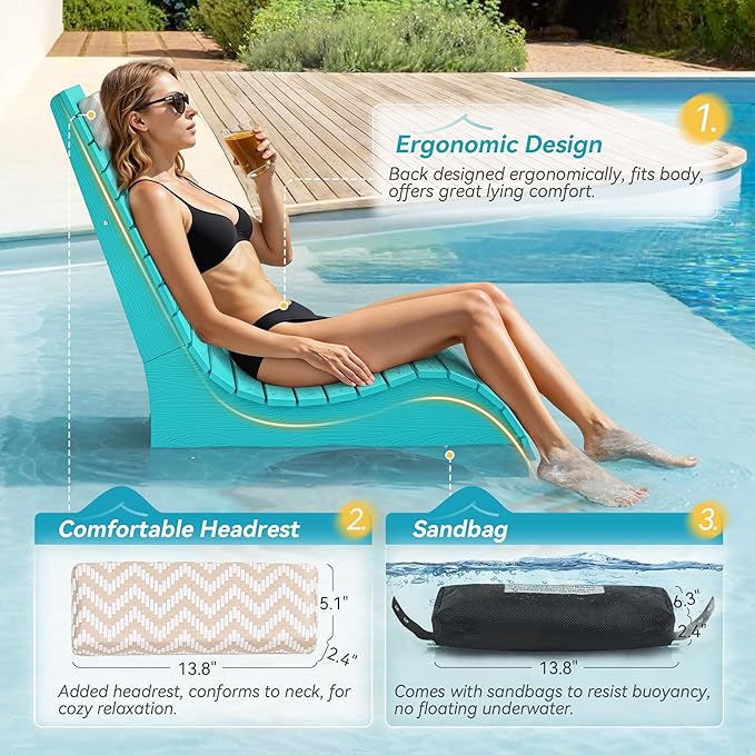 HDPS Pool Lounge Chairs Set of 2, Use in Pools Lounge Chairs up to 10-Inches of Water, Chaise Chairs with Headrest, Lounge Chair Outdoor, Fade-Resistant Pool Lounger for Deck