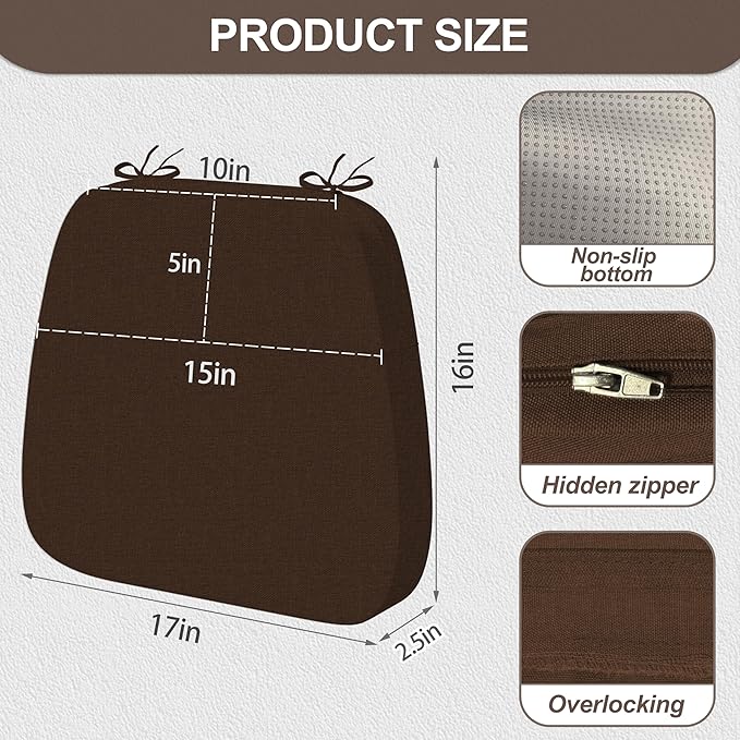 17'' x 16'' x 2.5"Thick Chair Cushions for Dining Chairs, 6 Pack WaterProof Easy Clean Kitchen Chair Pads with Ties and Non-Slip Backing - 30D High Elastic Foam Soft Kitchen Chair Cushions