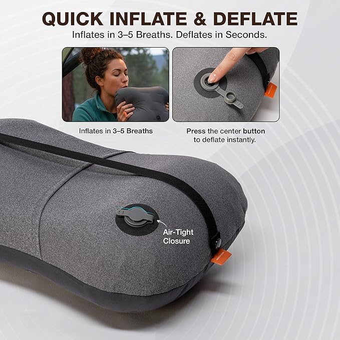 Inflatable Camping Pillow - Ultralight Compact Air Pillow for Travel, Backpacking & Hiking - Ergonomic Neck & Lumbar Support - Portable Inflatable Pillow with Removable Washable Cover - (Grey 2 Pack)