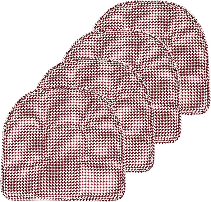 Sweet Home Collection Chair Cushion Memory Foam Pads Tufted Slip Non Skid Rubber Back U-Shaped 17" x 16" Seat Cover, 4 Count (Pack of 1), Houndsooth Red