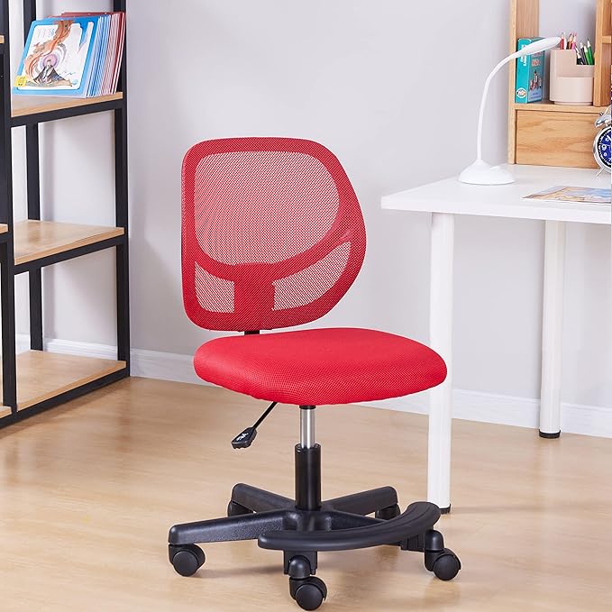 Amazon Basics Kids Adjustable Height Mesh Low-Back Swivel Desk Chair with Footrest, Rolling Computer Task Study Chair, Breathable, Red