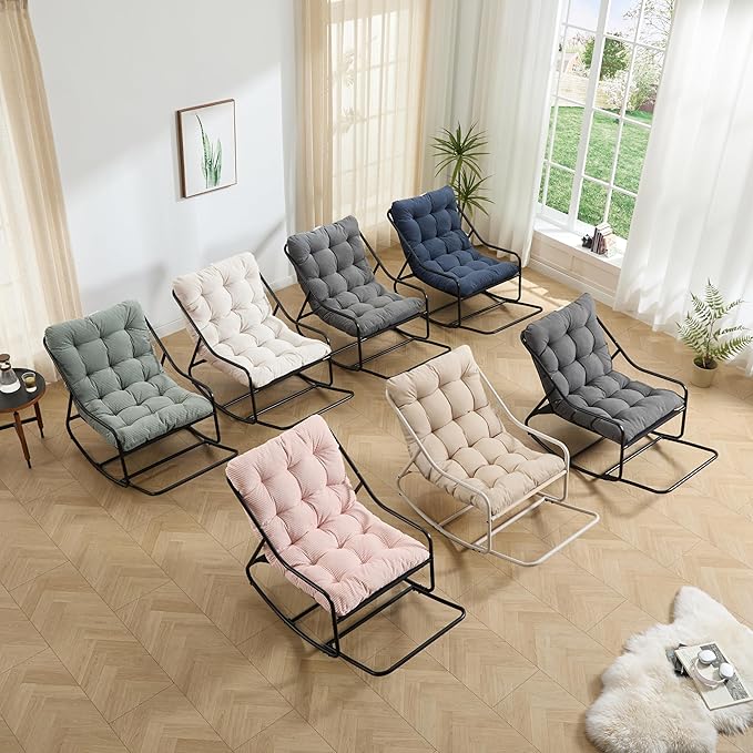 Pink Rocking Chair with Foot Rest, Outdoor Indoor Rocking Lounge Chair with Cushion, Comfortable Patio Rocker Chairs for Patio, Porch, Garden, Living Room, Reading, Metal Frame