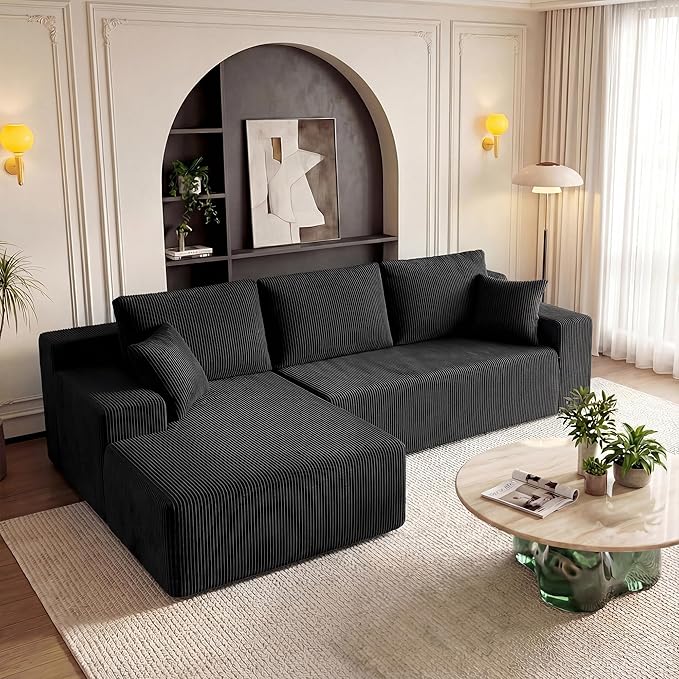 GRUSIGN Cloud Sectional Boneless Couches for Living Room, Modular L Shaped Couch with Deep Seat Oversized Left Facing Chaise, Memory Foam Compressed Spineless 3 Seater Sofa for Apartment, Black | No Assembly Required, Deep Seat, Cat-Claw Resistant, Hig...